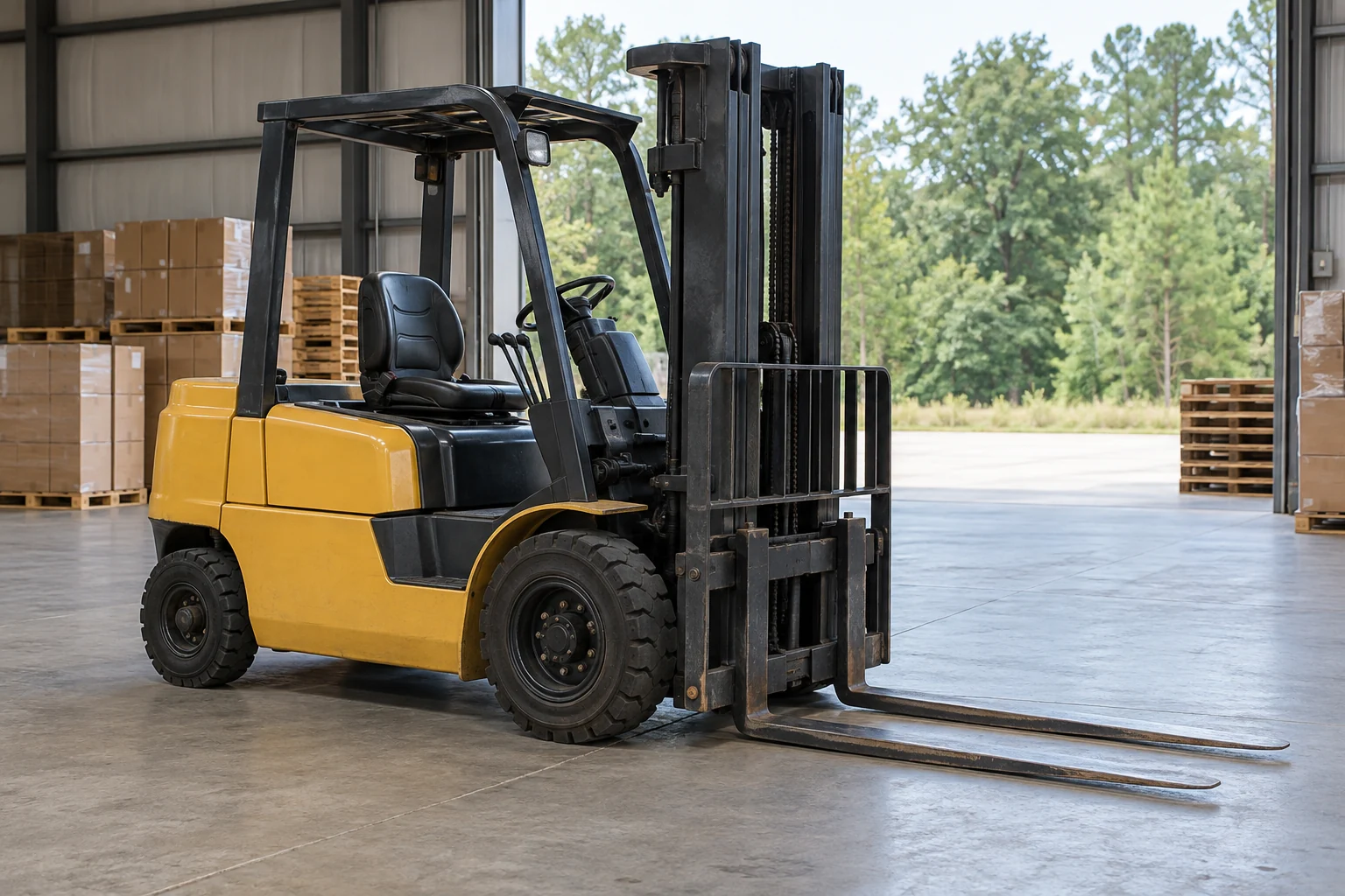 An unoccupied forklift with lowered empty forks near staged pallets in a warehouse