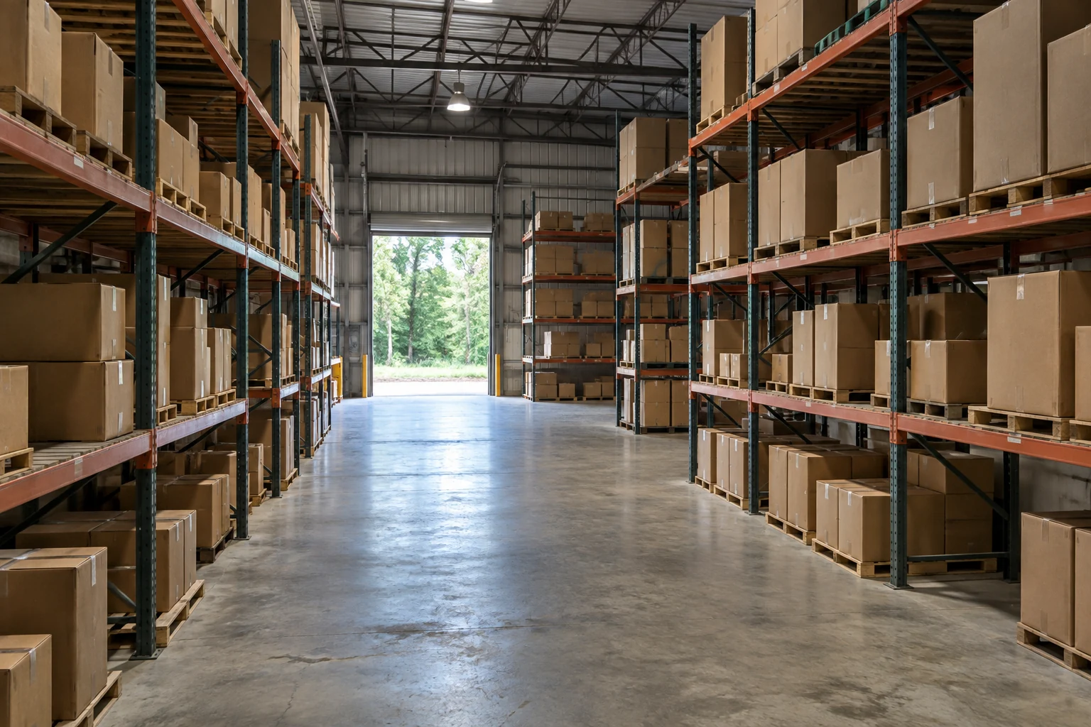 Organized warehouse shelving beside an open concrete aisle