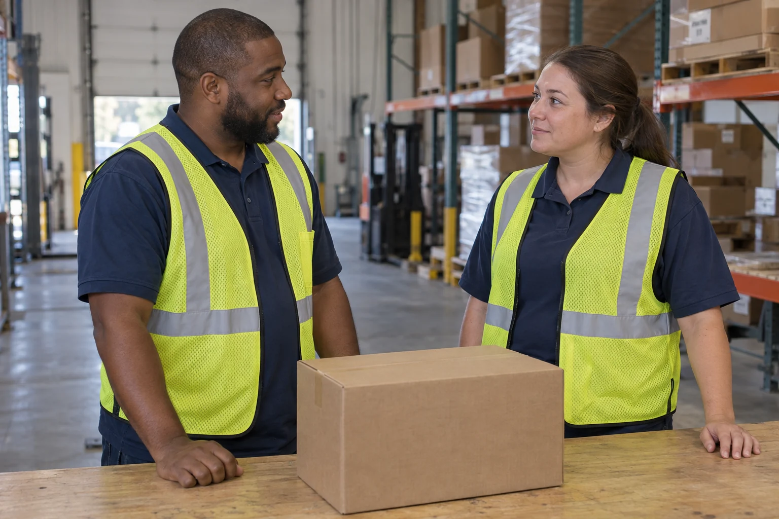 Two warehouse workers discussing a plain carton at a workbench